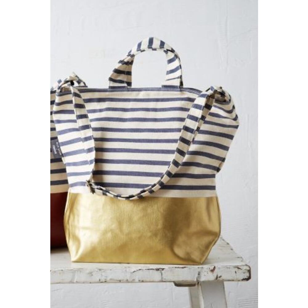 Baggu x West Elm Cotton Canvas Blue Striped Gold Dipped Tote Crossbody Nautical